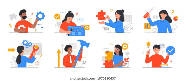 A collection of illustrations with diverse multiracial male and female technicians solving and fixing technical problems, errors and breakdowns. Set of flat vector illustrations isolated on white