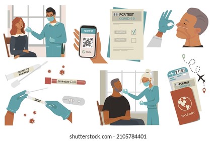 Collection of illustrations. A doctor at the hospital takes a PCR test from a patient. Coronavirus test, test results, documents. Cartoon, banner, vector, isolated on white background.