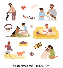 Collection of illustrations with dogs of various breeds spending time with their owners. Men, women and children walking, playing, feeding, cuddling with different dogs. Flat modern trendy style. 