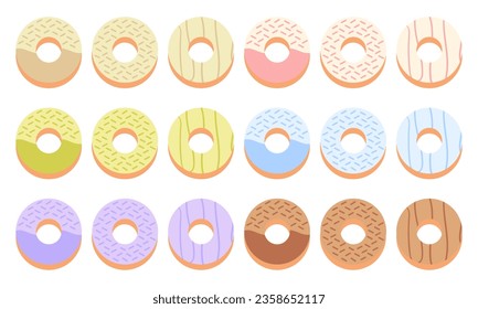 una colección de ilustraciones de donuts de varios sabores y colores sobre un fondo blanco