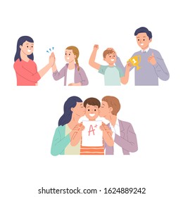 collection of illustrations of family appreciation praising the achievements of children, parents who are proud of the effort, achievement and intelligence of children