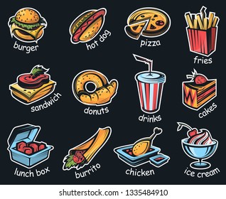 collection with illustrations of fast food isolated on dark background