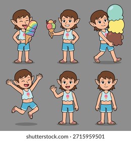 A collection of illustrations featuring an adorable elf girl with different ice cream cones and engaging in joyful activities.