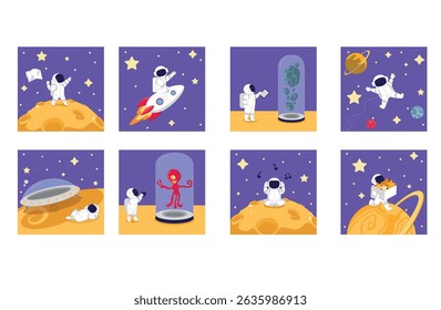 A Collection of Illustrations Featuring Adventurous Astronauts in the Expansive Outer Space