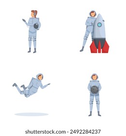 Collection of illustrations featuring astronauts in different poses, including with a spaceship