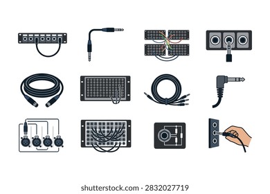 A collection of illustrations featuring audio patch bays, signal routing cables, jack connectors, and sound studio patching equipment for professional audio systems.