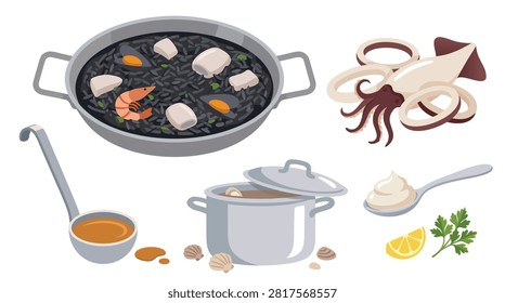 A collection of illustrations featuring black rice paella, fresh squid, cooking pot, ladle, garlic, lemon, parsley, and aioli sauce.