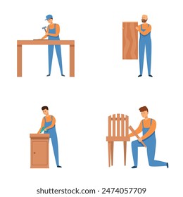 Collection of illustrations featuring carpenters building and repairing wooden furniture