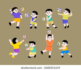 A collection of illustrations featuring children in various volleyball poses, for sports-themed designs, school activities, and athletic projects.