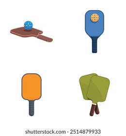Collection of illustrations featuring different types of pickleball and table tennis rackets and balls