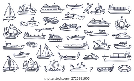 Uma coleção de ilustrações com diferentes tipos de barcos e navios em estilo de arte de linha.