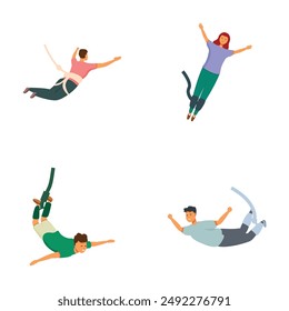 Collection of illustrations featuring diverse individuals in midair, either falling or floating, isolated on white