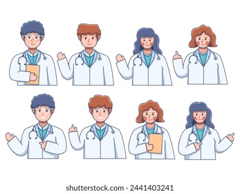 Collection of illustrations featuring doctor portraits in various poses and genders, showcasing the diversity and expertise of healthcare professionals. Each doctor is depicted wear medical uniform