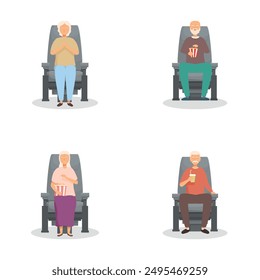 Collection of illustrations featuring elderly couples enjoying a movie with popcorn