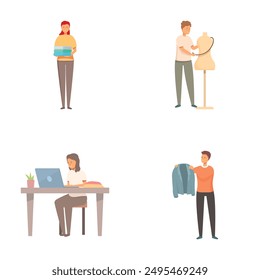 Kollektion von Illustrationen mit Personen, die verschiedene Aufgaben wie Nähen, Arbeiten am Computer und Organisieren ausführen