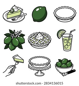 A collection of illustrations featuring key lime pie slices, whole pies, fresh limes, and a lime drink.