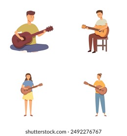 Collection of illustrations featuring people of different genders playing acoustic guitars