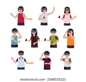 A collection of illustrations featuring people wearing virtual reality (VR) headsets in different poses. For tech-related designs, gaming projects, futuristic themes, and digital innovation materials.