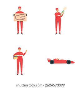Collection of illustrations featuring a race car driver, pit crew member, race car, and racing gear
