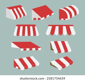 A collection of illustrations featuring red and white store canopies in different angles and perspectives. Perfect for retail decoration, outdoor market, and promotional designs.