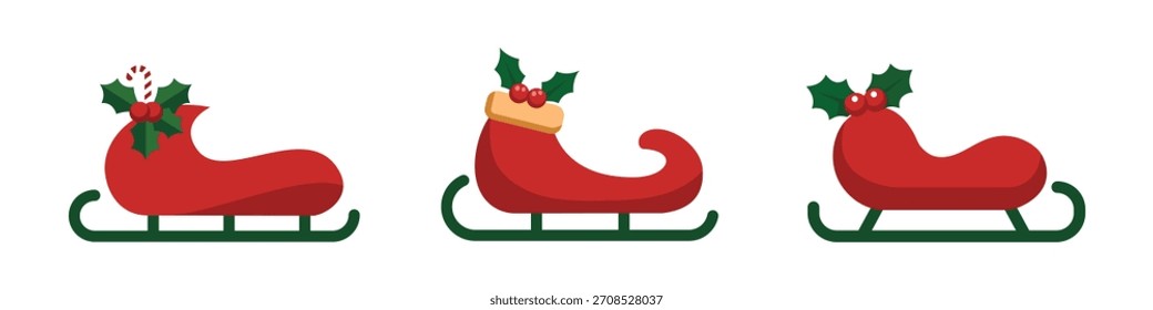 Una colección de ilustraciones con trineos de Santa con acebo de Navidades, sobre un fondo blanco