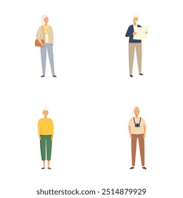 Collection of illustrations featuring senior adults in different outfits and poses