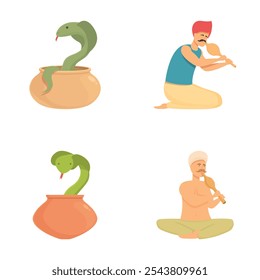 A collection of illustrations featuring a snake charmer and a cobra in different poses