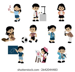 A collection of illustrations featuring students engaged in various school subject activities. Perfect for educational materials, classroom visuals, and academic themed designs.