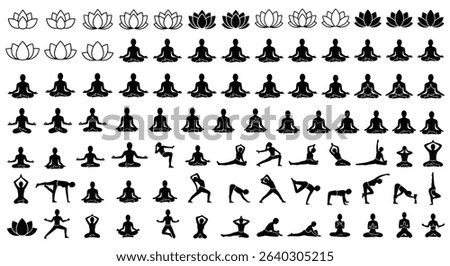 Collection of Illustrations Featuring Yoga Poses Silhouettes and Lotus Flower Designs