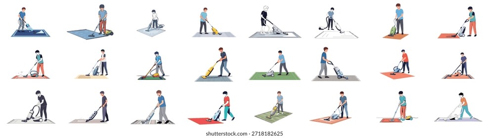 Coleção de ilustrações com jovens homens aspirando tapetes e pisos com vários aparelhos modernos de aspirador vertical e de latas.