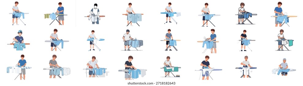 Colección de ilustraciones con hombres y niños planchando camisas en tablas de planchar, demostrando las tareas domésticas y de lavandería.