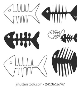 Collection of illustrations fish skeletons. Sea food. Outline and spot. Vector illustration, isolated objects on white background