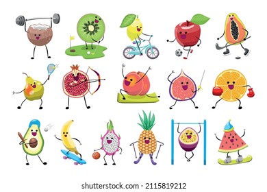 A collection of illustrations with fruits promoting a healthy lifestyle. Fruits in various sports.