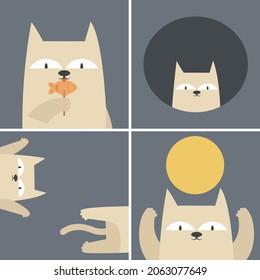 Collection of illustrations with funny cat. Cute pet in flat style
