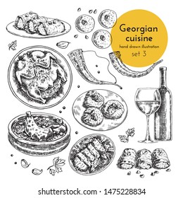 Collection of illustrations of Georgian cuisine. hand drawn sketches with national dishes of Caucasian cuisine. sketch set