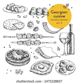 Collection of illustrations of Georgian cuisine. hand drawn sketches with national dishes of Caucasian cuisine. sketch set for menu design