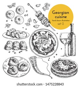 Collection of illustrations of Georgian cuisine. hand drawn sketches with national dishes of Caucasian cuisine. sketch set of appetizers, main course, meat