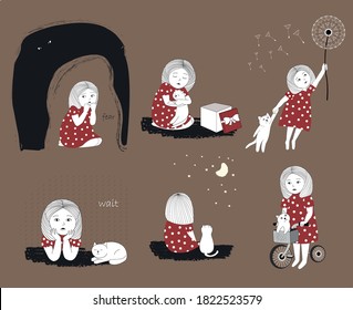 Colección de ilustraciones de una chica con su mejor amiga, un gato. Dibujos encantadores de personajes con diferentes gráficos. Amigos montan una bicicleta, miran la luna, sueñan, vuelan sobre un diente de león.