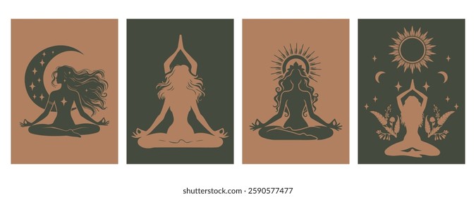 Collection of illustrations girl in yoga pose in hand-drawn style. Esoteric and boho objects moon, yoga, stars, girl in lotus pose. Vector illustration