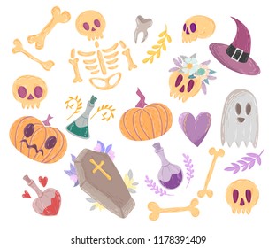 A collection of illustrations for Halloween. Skeleton, skull, ghost, witch and potion. Cartoon style, print, sticker