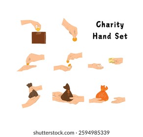 A collection of illustrations hands giving donations, for fundraising events, charity campaigns, non-profit organizations, and social awareness designs