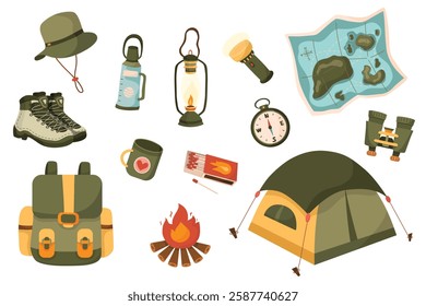 Collection of illustrations of hiking and camping, hiking boots, camping tent, backpack, hiking bag, hiking hat, match box etc.