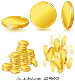 Collection of illustrations, icons of gold coins.