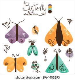 Collection of illustrations of insects, butterfly, moths, flowers, in watercolor style. Yellow, lilac, and mint green