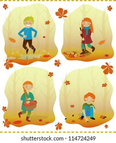 Collection of illustrations with kids in autumn