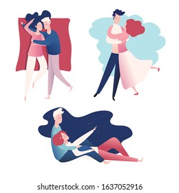 collection of illustrations man and woman spend time together. Lovers, love, happy together, hug