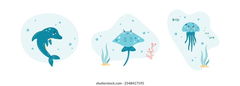 Collection of illustrations with marine animals on white background. Dolphin, stingray and jellyfish. Characters in children's style. Vector illustration.