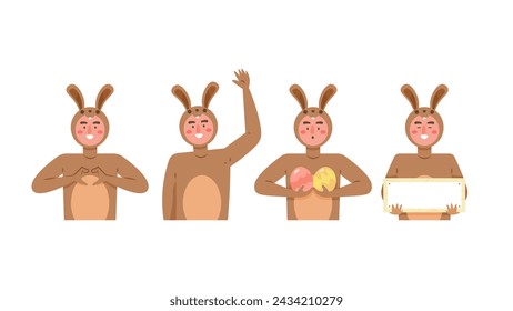 collection of illustrations of men wearing rabbit costumes. various expressions and poses. waving hands, showing symbols of love, holding eggs and boards. celebrate Easter. flat style illustration