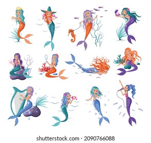 Collection of illustrations with mermaids. Fairy-tale characters of the underwater world.