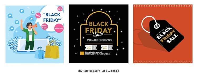 Collection of illustrations on the theme of Black Friday sales. Displays shopping offers, discounts and sales promotion ads. Black Friday sale concept. Set flat vector illustration.